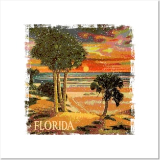 Florida Sunset Palm Tree Tropical Beach Retro Vintage Style Souvenir Posters and Art